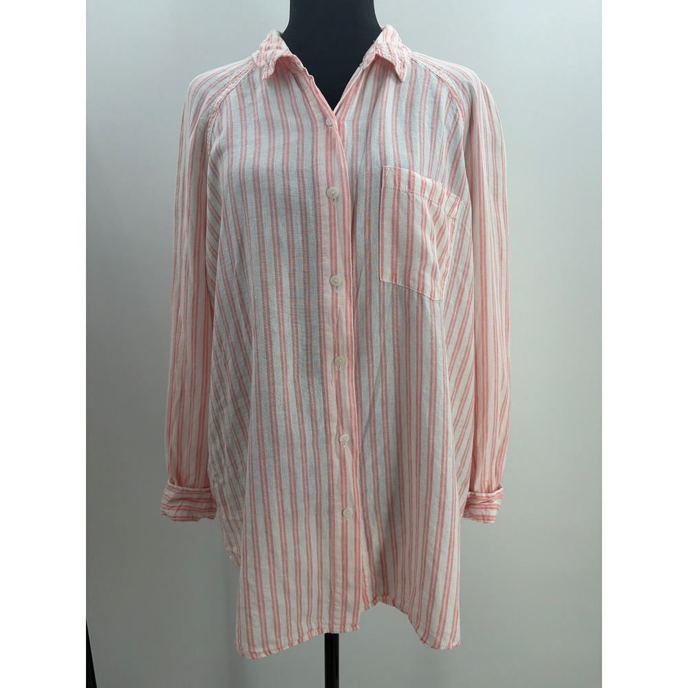 Universal Thread Pink White Striped Linen Blend Button Down Shirt Large Relaxed
